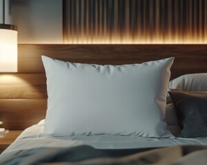 White pillow in the style of mockup that lie in the middle of the bed 