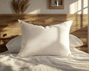White pillow in the style of mockup that lie in the middle of the bed 
