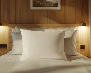 White pillow in the style of mockup that lie in the middle of the bed 