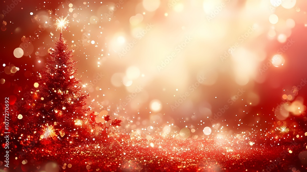 Poster a festive scene featuring a christmas tree surrounded by shimmering lights and soft bokeh effects, e