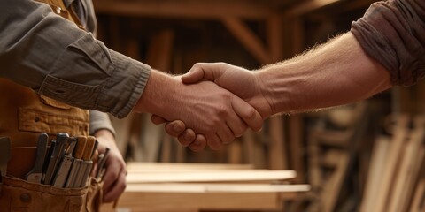A firm handshake between carpenters symbolizes their teamwork and partnership, showcasing their craftsmanship in a bustling workshop filled with tools and equipment essential for their trade