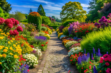 Obraz premium A vibrant garden path lined with colorful flowers under a bright blue sky, inviting visitors to explore its beauty and serenity.
