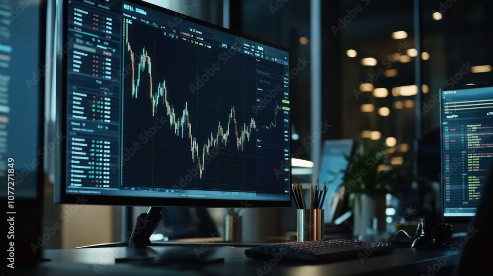 Poster stock market data displayed on a computer monitor in a dark office