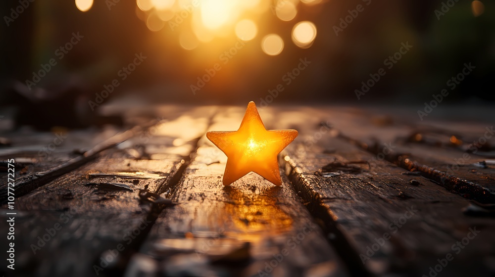 Poster a glowing star-shaped object rests on a wooden surface, illuminated by soft sunset light, creating a