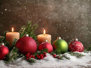 Christmas Decorations with Candles and Ornaments in Snowy Setting