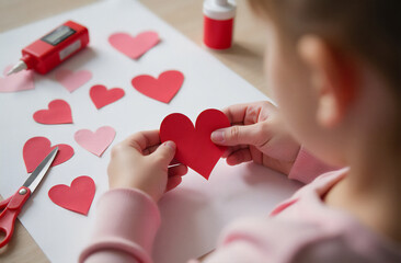 Child crafting colorful heart shapes during an arts and crafts activity for Valentines Day