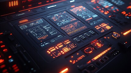 Obraz premium Futuristic control panel with glowing orange and red lights.