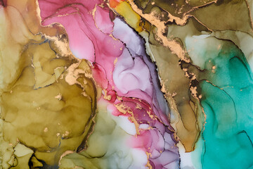 Obraz premium Flowing shapes and delicate metallic touches, abstract artwork on together rich tones and golden highlights. The liquid ink technique create fluidity, feeling of depth, beauty