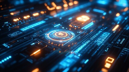 Fototapeta premium Futuristic technology interface with glowing lines and a central circle.