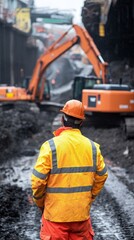 Construction worker supervising excavators on rainy construction site