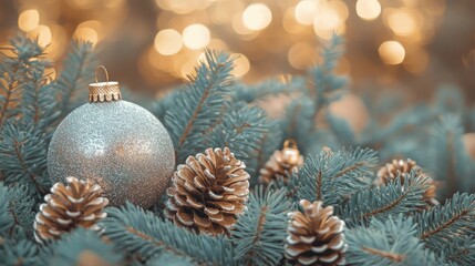 Sparkling Holiday Ornament Nestled in Pine Cones and Evergreen Foliage