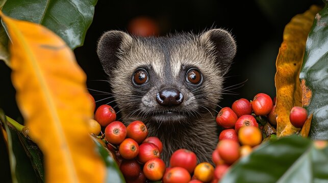 Common palm civet eating coffee berries in rainforest habitat