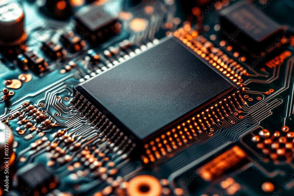 Poster realistic black microchip on detailed printed circuit board design abstract background