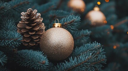 Elegant Christmas Ornaments on Evergreen Tree Branches