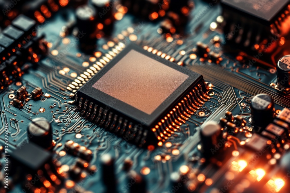 Poster realistic black microchip on detailed printed circuit board design abstract background