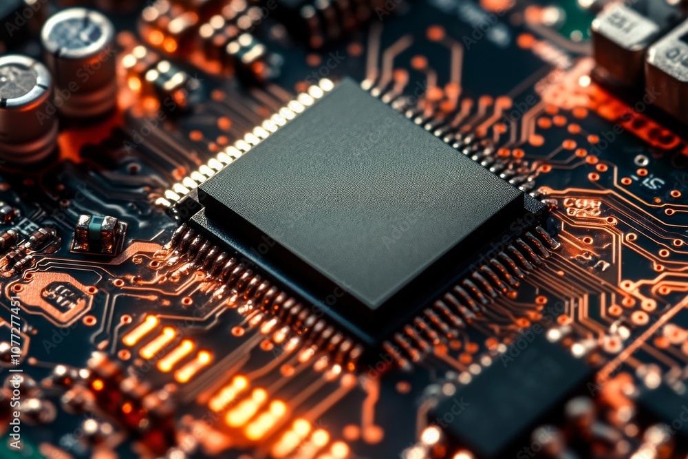 Poster realistic black microchip on detailed printed circuit board design abstract background