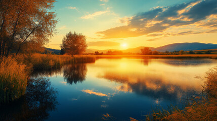 Fototapeta premium Serene autumn sunset over a calm lake with golden reflections and scenic mountains