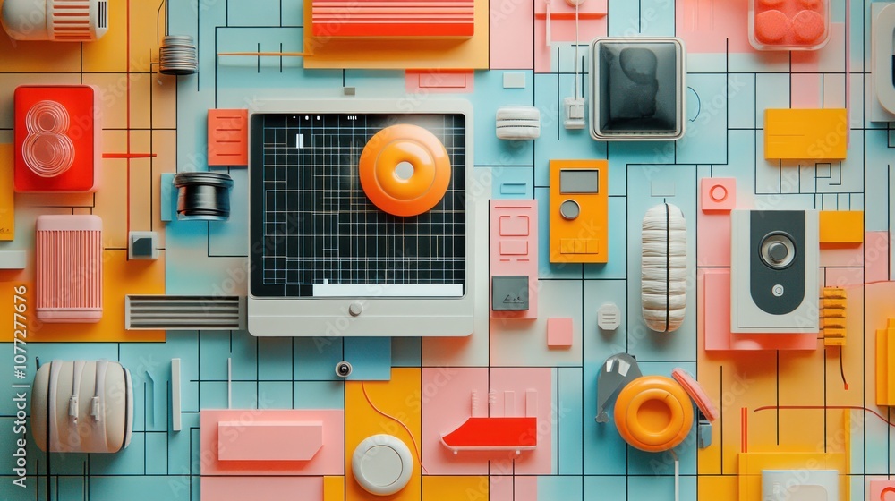 Poster abstract geometric pattern with colorful shapes and 3d objects on a blue background.