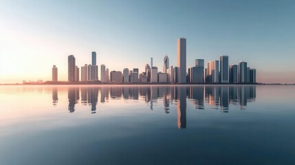 Fototapeta premium Chicago skyline by Lake Michigan, modern skyscrapers reflecting in water, clear sunny day