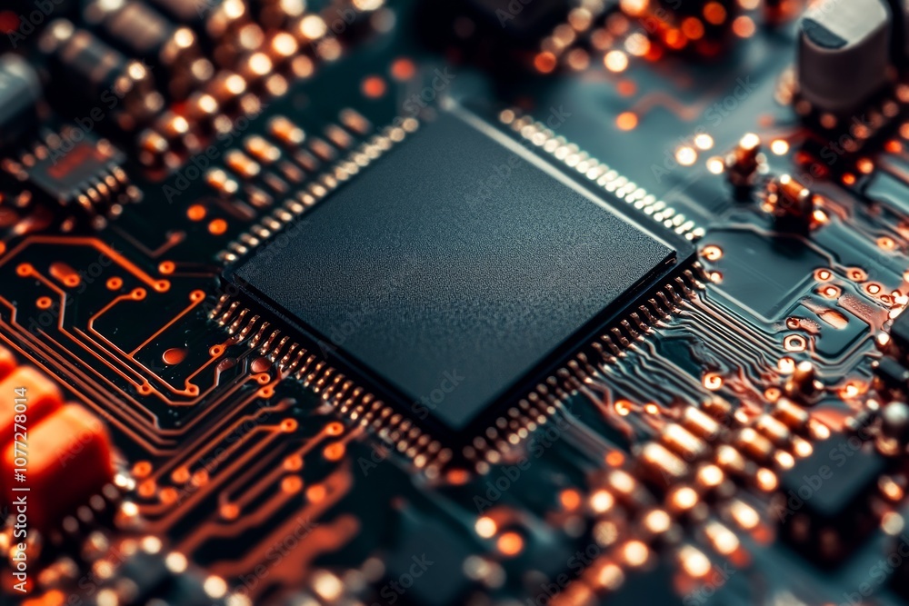 Poster realistic black microchip on detailed printed circuit board design abstract background
