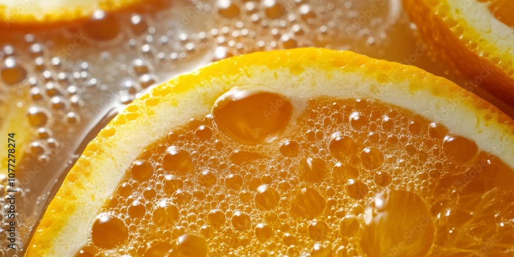 Poster a vibrant and visually stunning closeup shot of sparkling orange slices elegantly floating in juice,