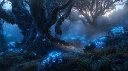 Obraz premium Enchanting Blue Bioluminescent Forest at Dusk