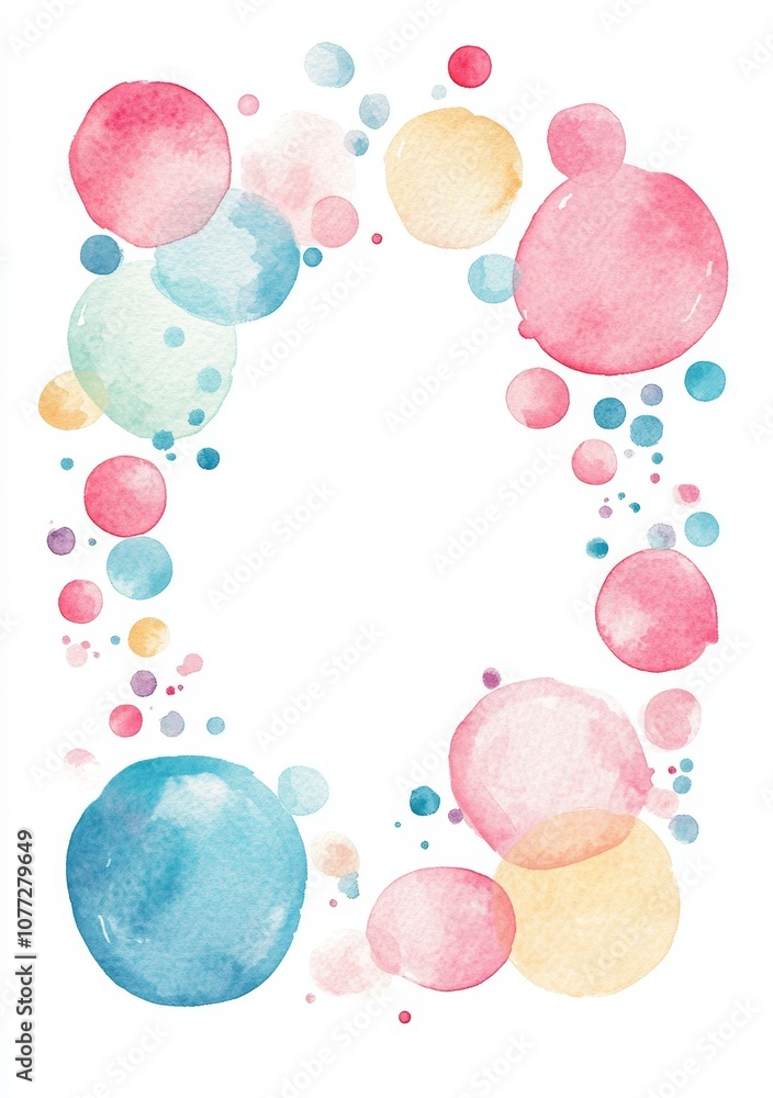 Poster pastel watercolor frame with small round shapes on white background for design and decoration genera