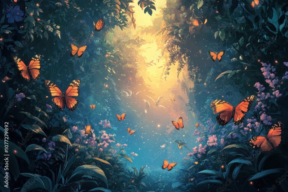 Poster a magical forest scene with a path of light and butterflies flying through the air.