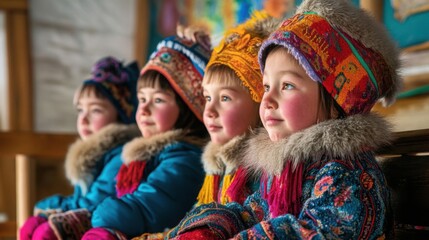 Fototapeta premium Yakutian children in classroom, learning about culture, colorful traditional decor