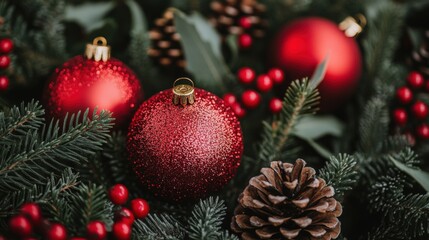 Festive Decor: Red Ornaments and Natural Elements for Holiday Cheer