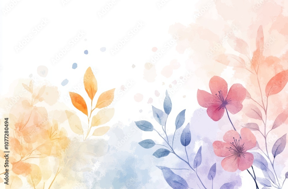 Poster Minimalistic Watercolor Background with Abstract Shapes, Leaves and Flowers for Spring and Summer Designs Generative AI