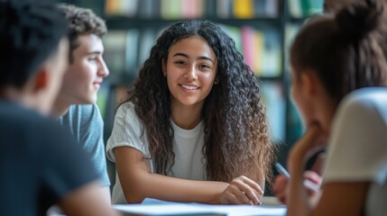 Obraz premium Young Woman Smiling with Curly Hair in a Library Setting
