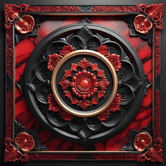  black metal frame with decorative elements on a red background