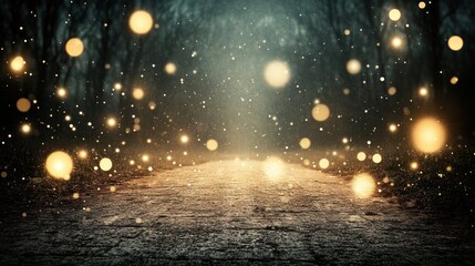 A path leading into a magical forest with glowing orbs and a foggy atmosphere.