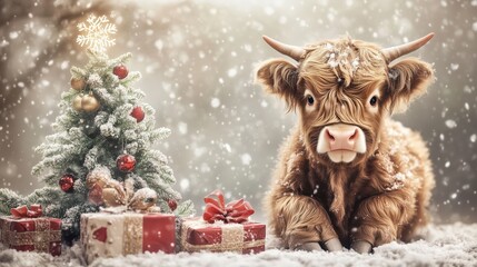 A cute calf and decorated Christmas tree in snowfall.