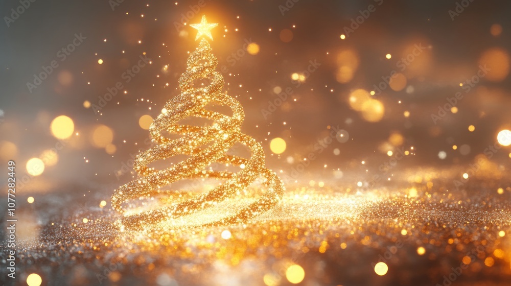 Poster A shimmering, golden Christmas tree with a star on top stands in front of a warm, bokeh background. The tree is made of a spiraled, glittering material that seems to glow from within.
