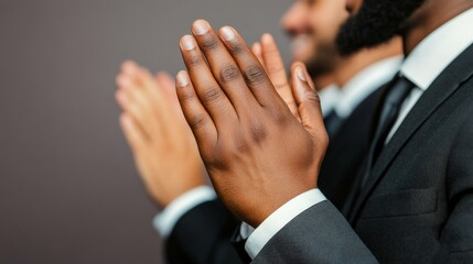 Obraz premium A Moment of Reflection: Two businessmen, one in focus, stand with clasped hands, conveying a sense of prayer, hope, and quiet contemplation. The image evokes feelings of faith, spirituality.