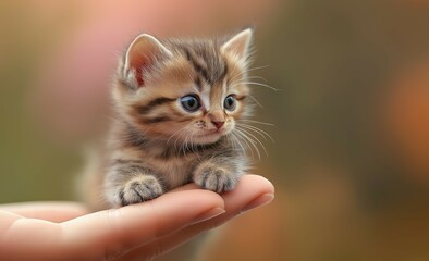 Fototapeta premium A tiny kitten perched on a person's hand, calm look.