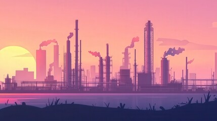 Fototapeta premium Industrial Skyline Against a Warm Sunset with Towering Structures and Smokestacks