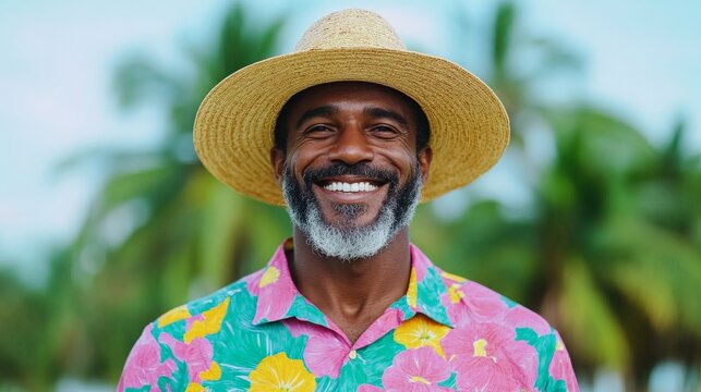 Tropical Vibes: Relaxed senior man with a vibrant smile and a straw hat enjoying a tropical getaway. His joyful expression and tropical surroundings evoke a sense of carefree happiness. 