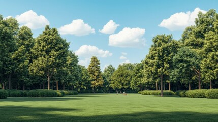 Serene Summer Grove: Lush green lawn, majestic trees, and a bright blue sky create a tranquil summer landscape. Perfect for relaxation and tranquility. 