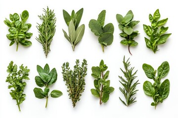 Obraz premium cooking herbs and spices, fresh ingredients arranged on white