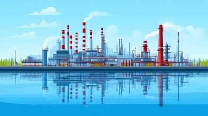 Obraz premium Industrial Complex with Reflections on a Tranquil Water Surface under Clear Blue Skies