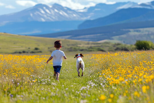 Boy running with his Jack Russell Terrier across a meadow, wildflowers in bloom and mountains visible in the distance.
