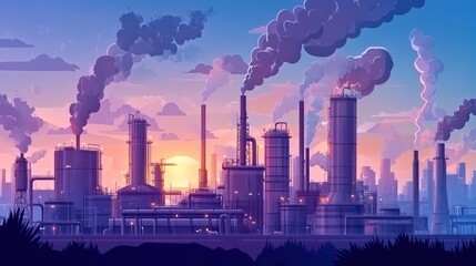 Fototapeta premium Industrial Skyline at Dawn with Smoke Stacks and Silhouette of Cityscape in Pastel Colors