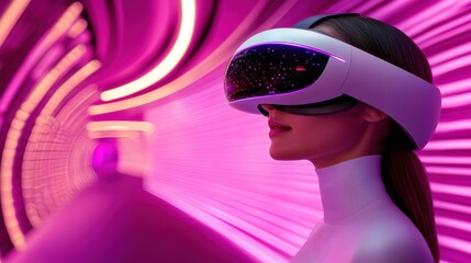 Futuristic Woman in VR Headset Against Neon Tunnel Background