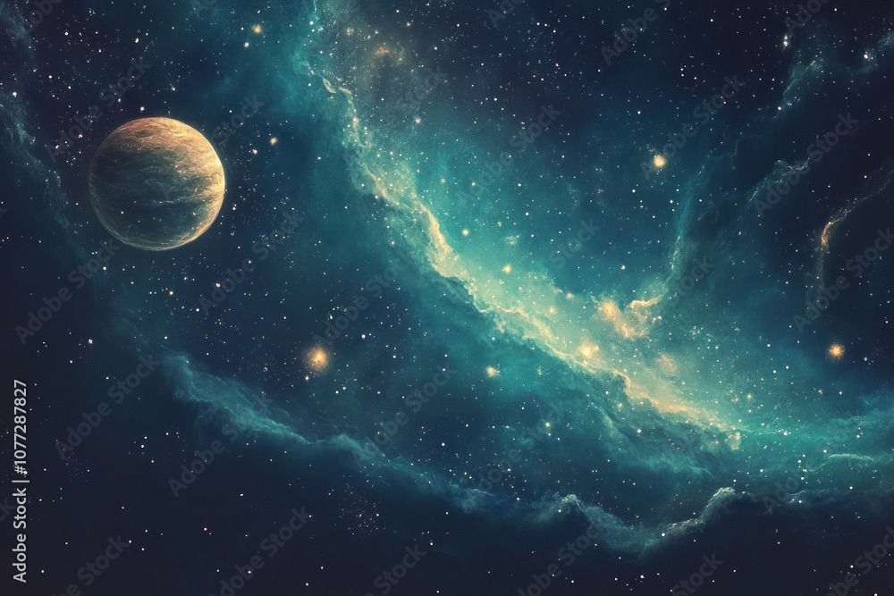 Poster a single, large, glowing planet with a ring system is seen on the left of a frame filled with a nebu