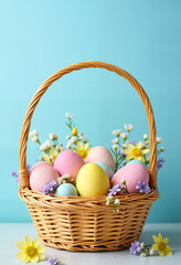 Fototapeta premium Woven basket with pastel Easter eggs and flowers on a bright blue background
