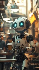 Fototapeta premium Cute robot enjoying coffee break in busy cafe