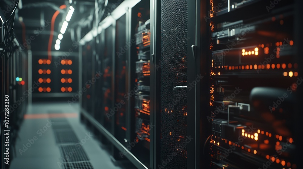 Poster rows of servers with glowing lights in a data center
